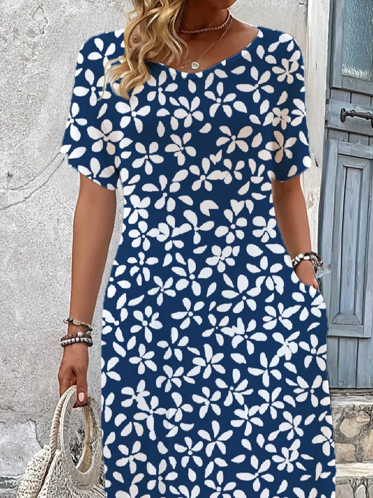 Women's Short Sleeve Summer Purplish blue Floral Printing V Neck Daily Going Out Casual Maxi H-Line T-Shirt Dress Dress