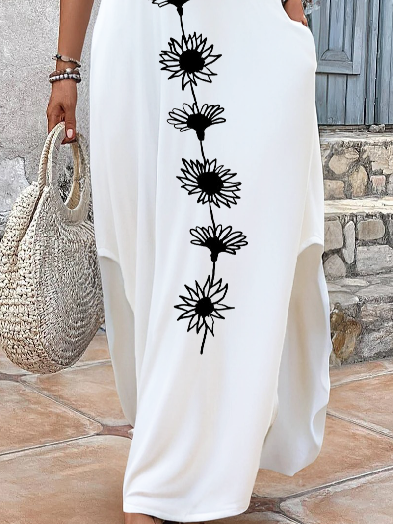 Women's Short Sleeve Summer White Floral Printing V Neck Daily Going Out Casual Maxi H-Line T-Shirt Dress Dress