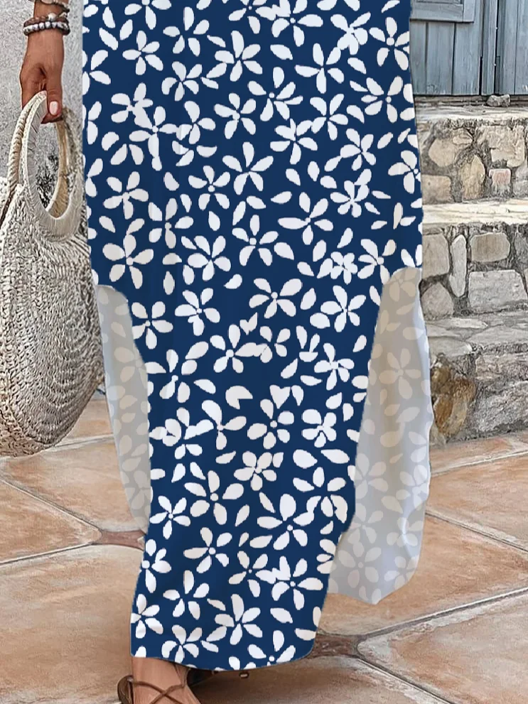 Women's Short Sleeve Summer Purplish blue Floral Printing V Neck Daily Going Out Casual Maxi H-Line T-Shirt Dress Dress