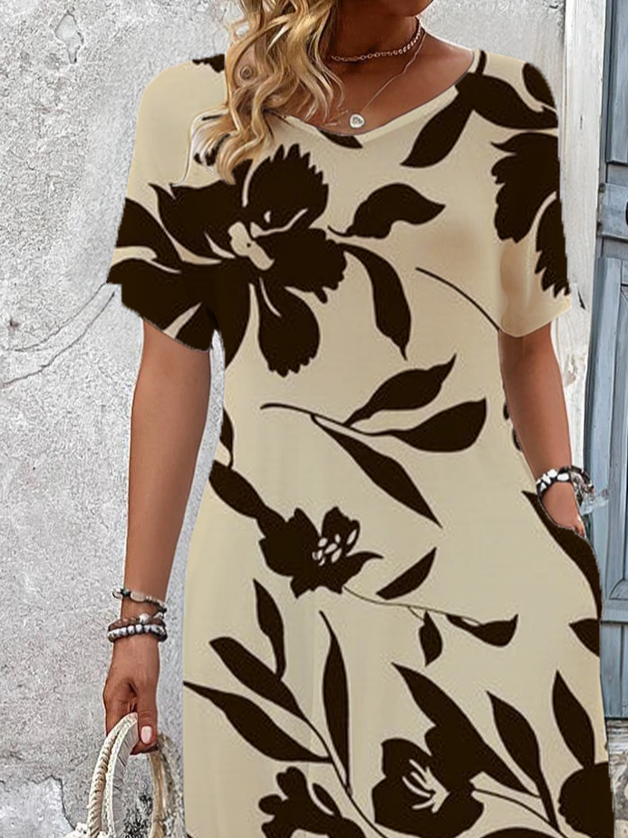 Women's Short Sleeve Summer As Picture Floral Printing V Neck Daily Going Out Casual Maxi H-Line T-Shirt Dress Dress