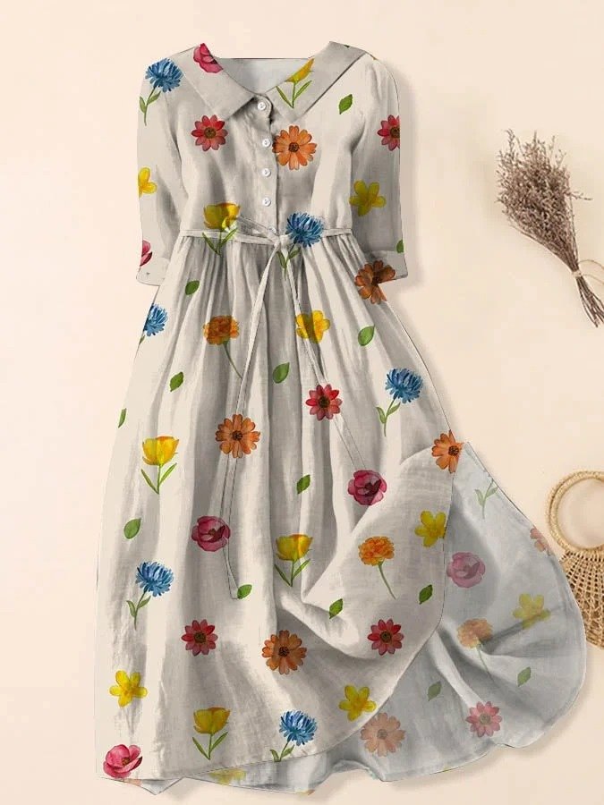 Women Casual Lace-Up Loose Floral Print Dress With Belt