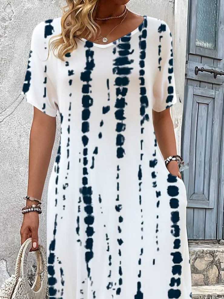 Women's Short Sleeve Summer White Striped Printing V Neck Daily Going Out Casual Maxi H-Line T-Shirt Dress Dress