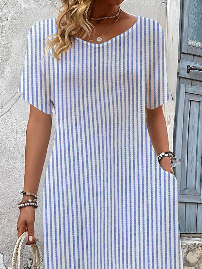 Women's Short Sleeve Summer Blue Striped Printing V Neck Daily Going Out Casual Maxi H-Line T-Shirt Dress Dress