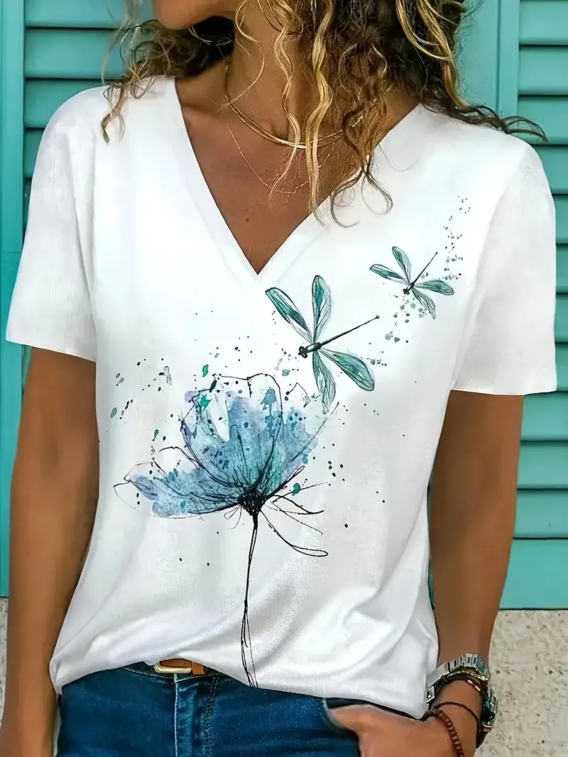 Women's Floral Spring Print Casual V-Neck Short Sleeve T-Shirt