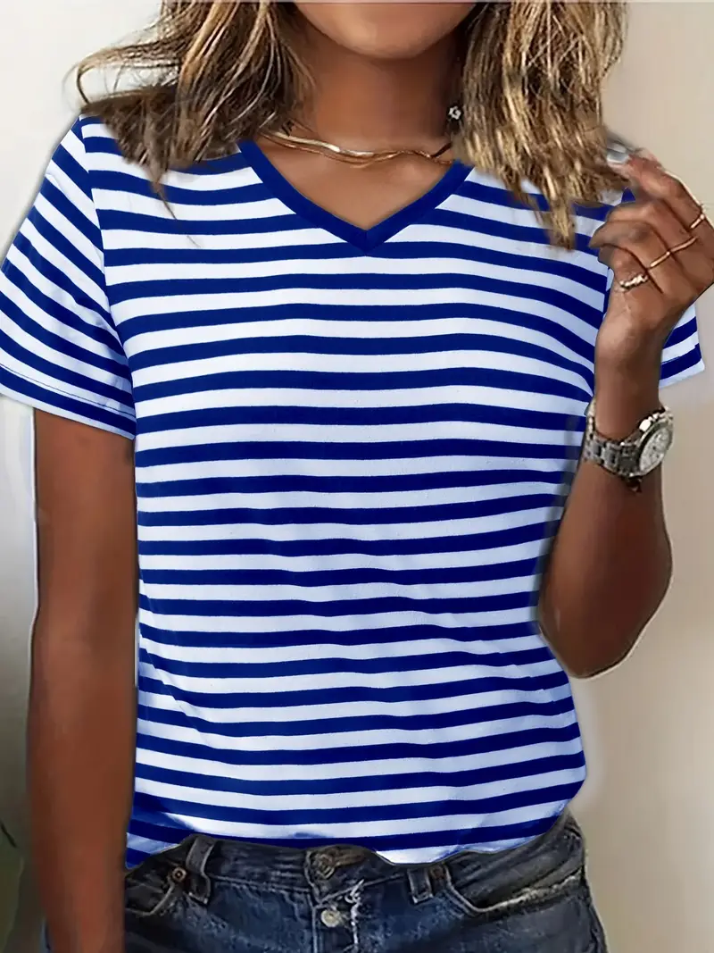 Women's striped print V-neck short-sleeved T-shirt