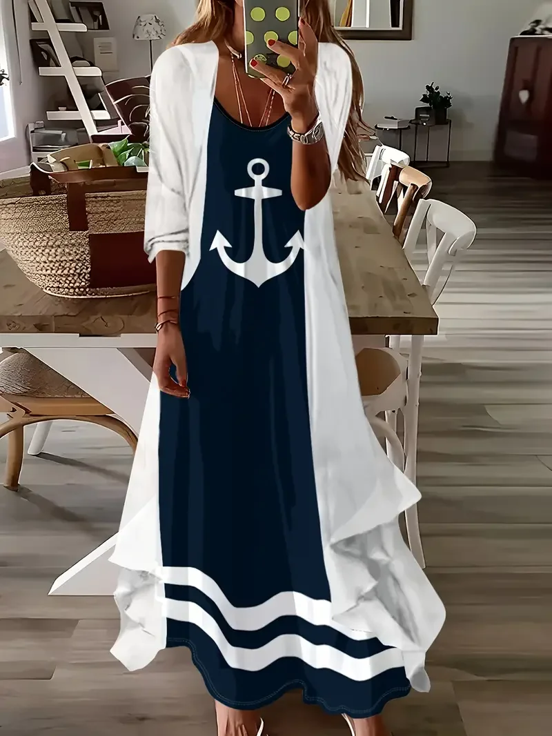 Women's Anchor Spring Print Two Piece Dress Set