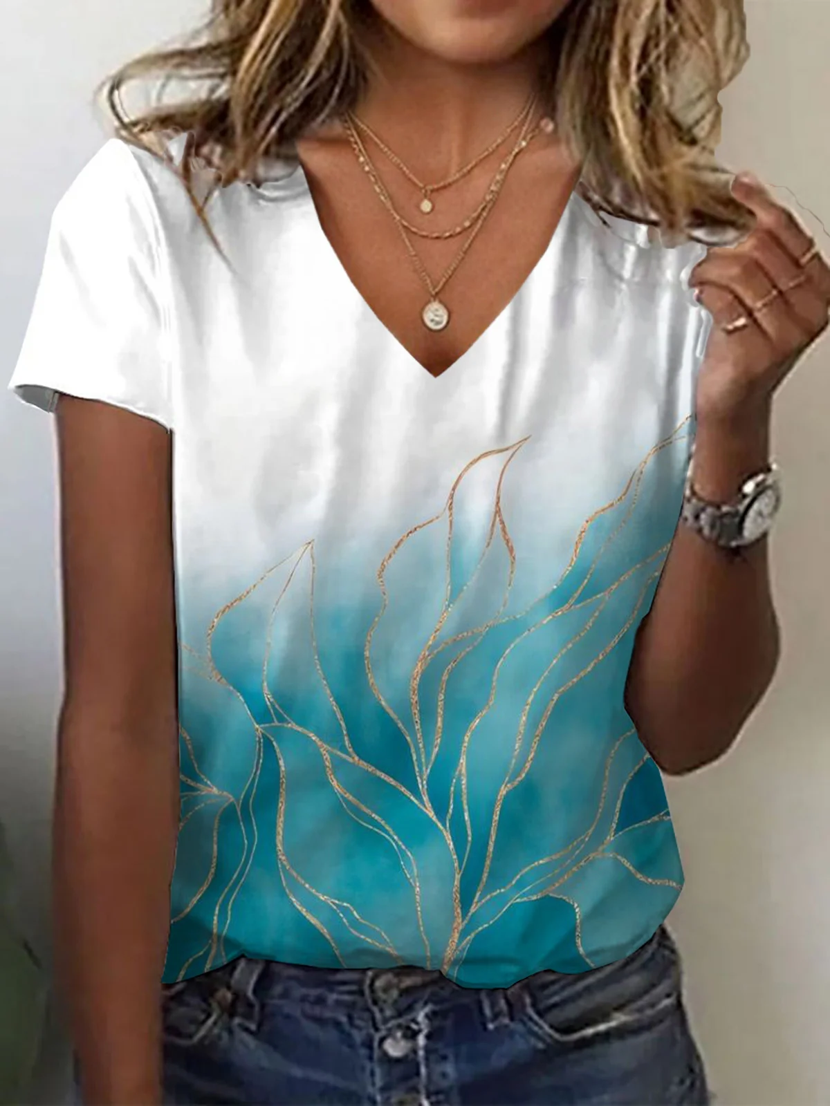 Women's Abstract Print Casual Short Sleeve V-Neck T-Shirt