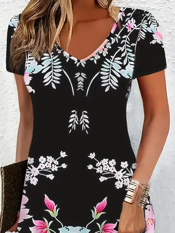 Women's Floral Spring Print Casual V-Neck Short Sleeve Dress