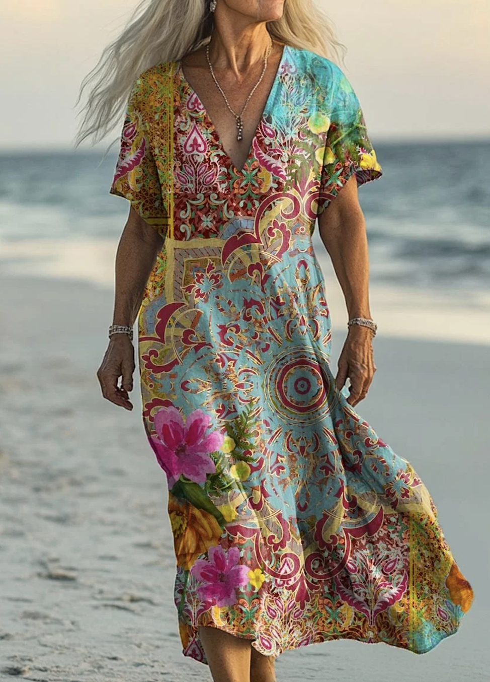 V Neck Vintage Floral Dress With No Belt