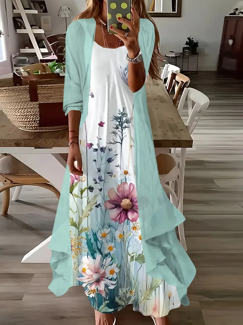 Women's Floral Spring Print Two Piece Dress Set