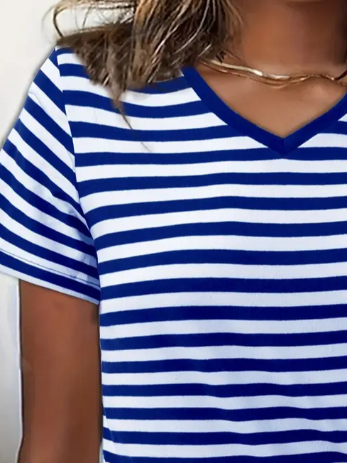 Women's striped print V-neck short-sleeved T-shirt