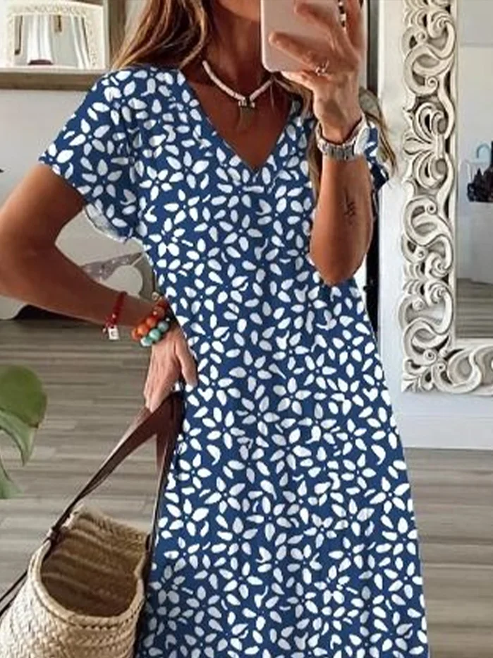 Women's Floral Spring Short Sleeve V-Neck Slit Dress