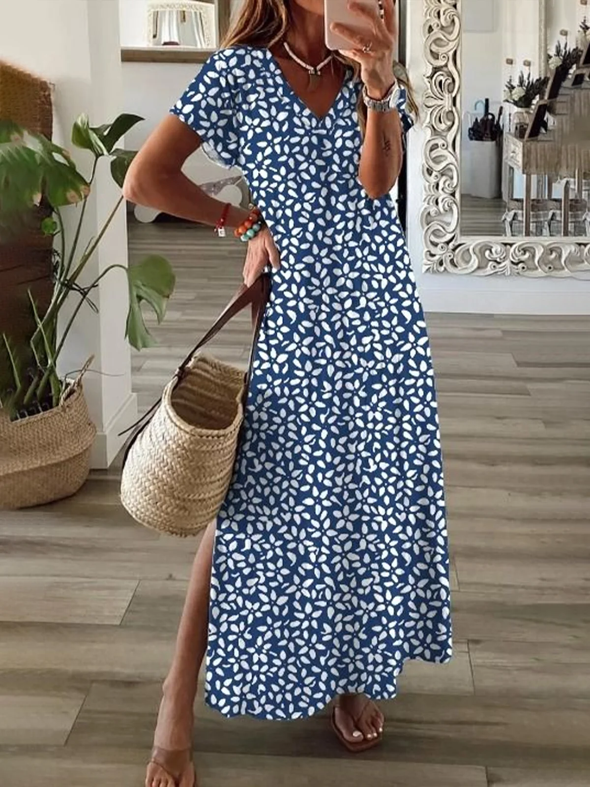 Women's Floral Spring Short Sleeve V-Neck Slit Dress