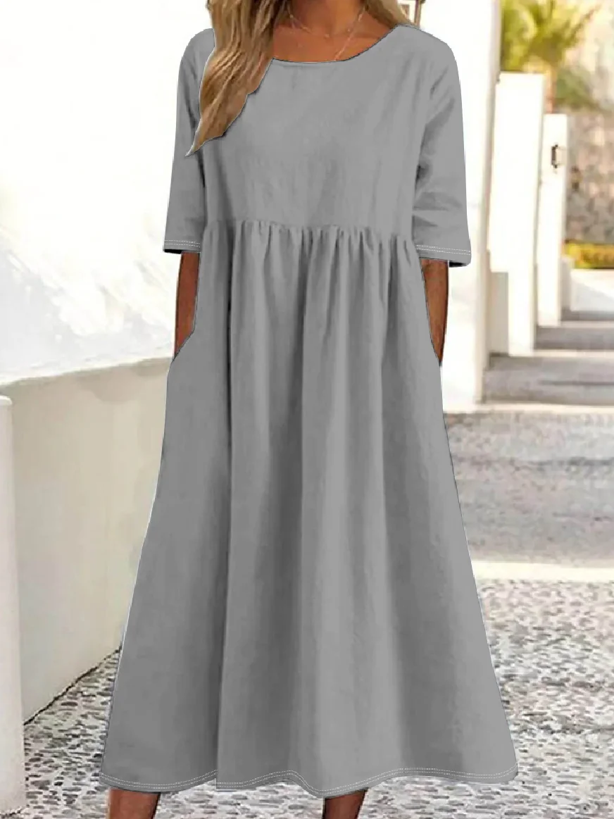 Simple Crew Neck Loose Plain Dress With No