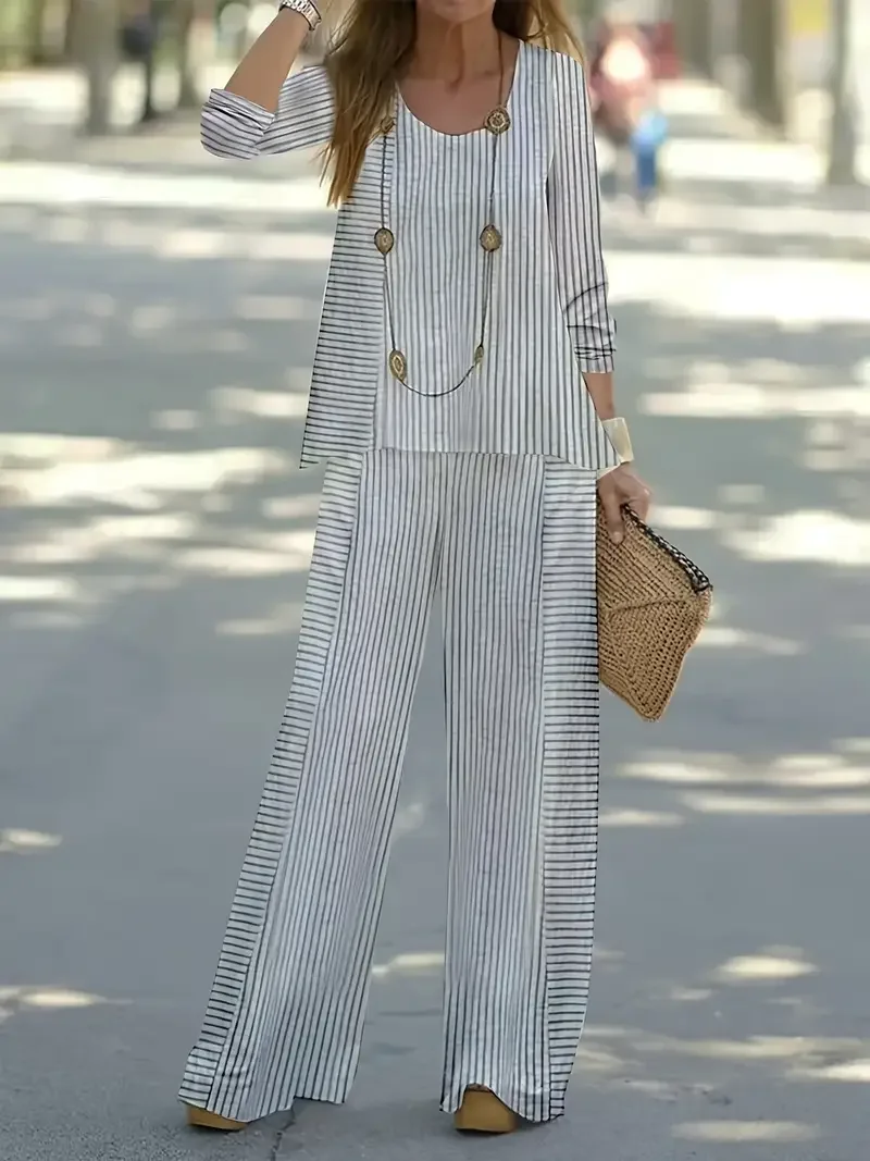 Women's Striped Spring Print Two Piece Suit