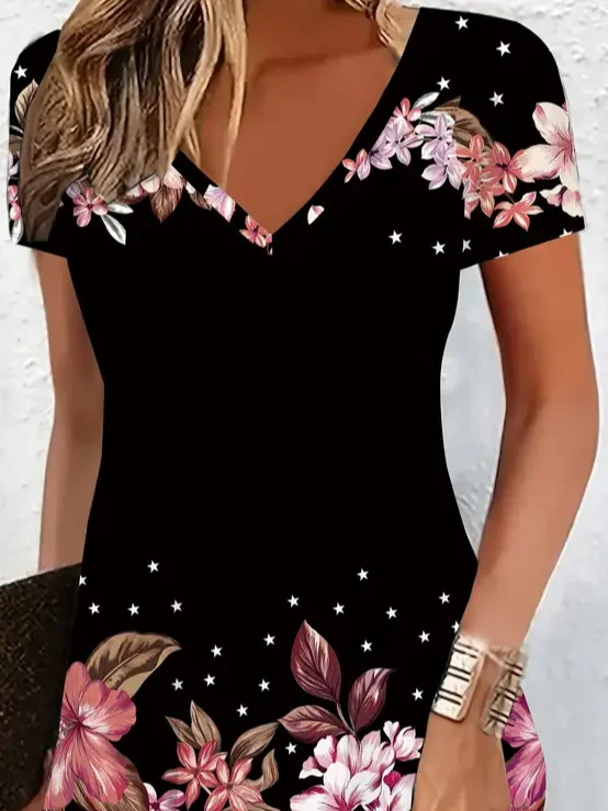 Women's Floral Spring Print Casual V-Neck Short Sleeve Dress