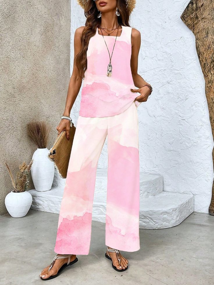 Women's Gradient Spring Printed Tank Top and Pants Two-Piece Suit