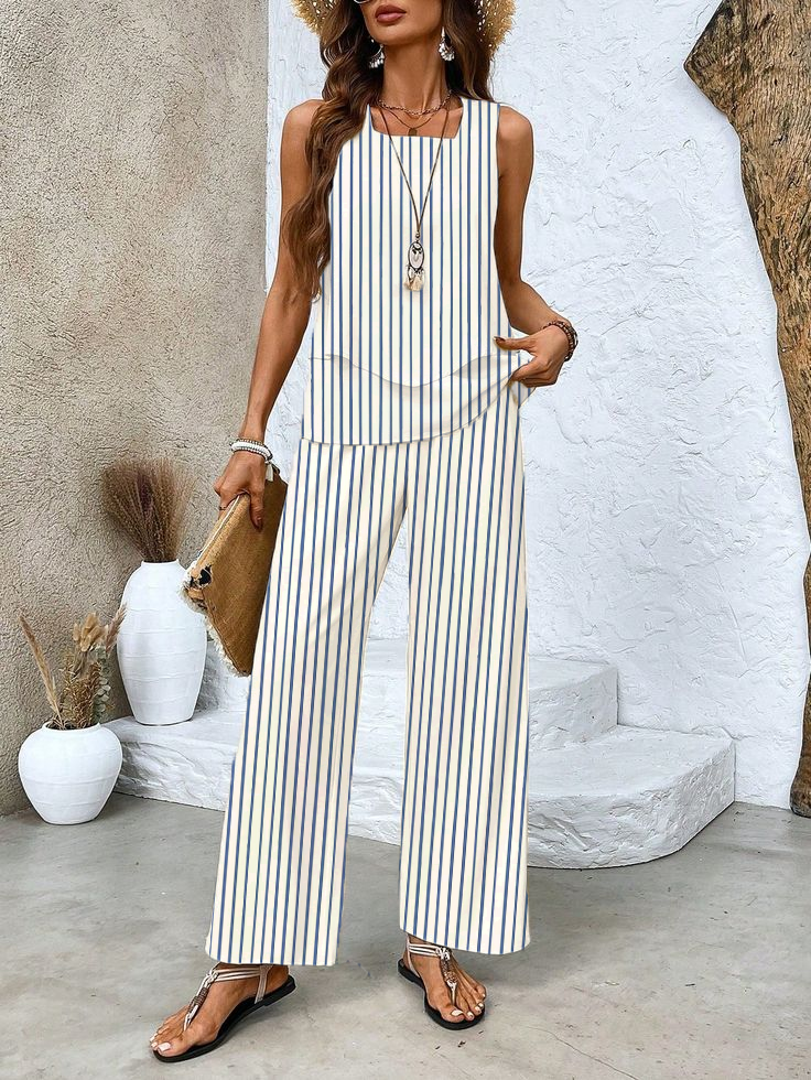 Women's Striped Spring Print Casual Tank Top Pants Two Piece Suit