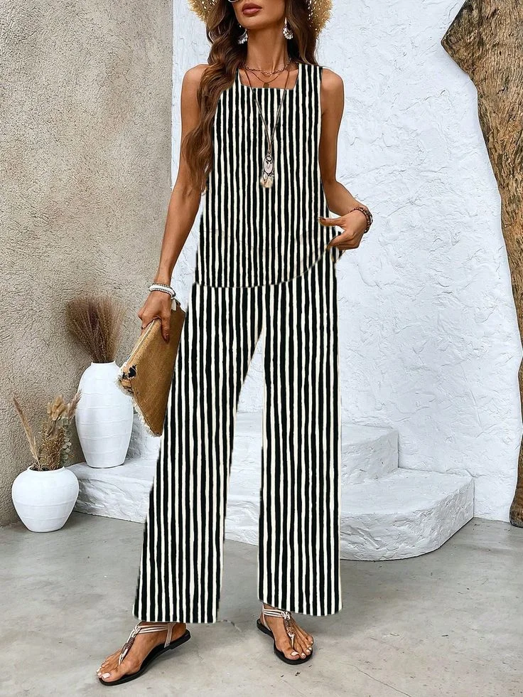 Women's Striped Spring Print Casual Tank Top Pants Two Piece Suit