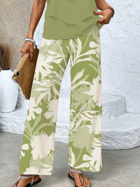 Women's Floral Spring Print Casual Tank Top Pants Two Piece Suit