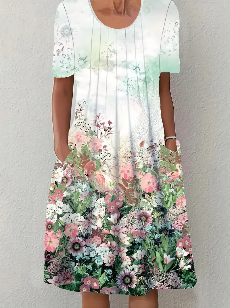 Women's Short Sleeve Summer As Picture Floral Printing Crew Neck Daily Going Out Casual Midi H-Line Fit & Flare Dress Dress