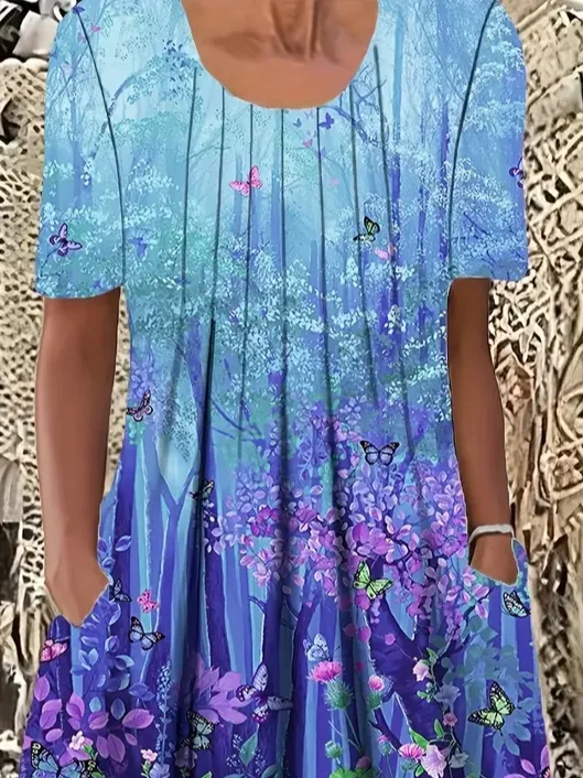 Women's Short Sleeve Summer As Picture Floral Printing Crew Neck Daily Going Out Casual Midi H-Line Fit & Flare Dress Dress