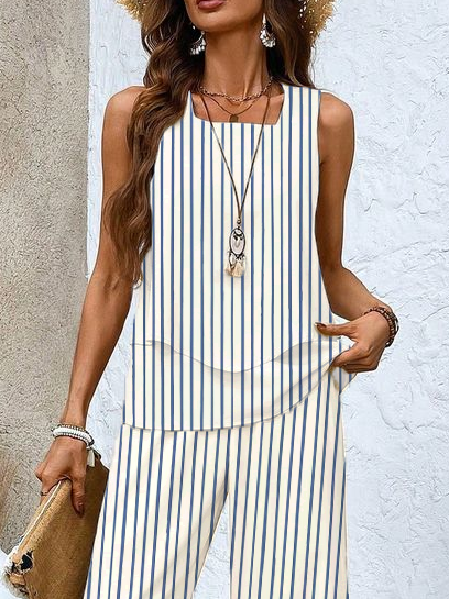 Women's Striped Spring Print Casual Tank Top Pants Two Piece Suit