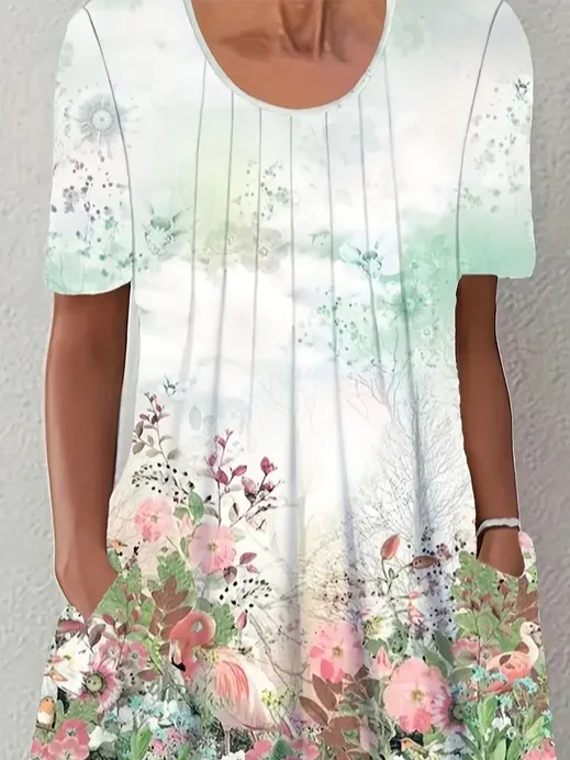 Women's Short Sleeve Summer As Picture Floral Printing Crew Neck Daily Going Out Casual Midi H-Line Fit & Flare Dress Dress