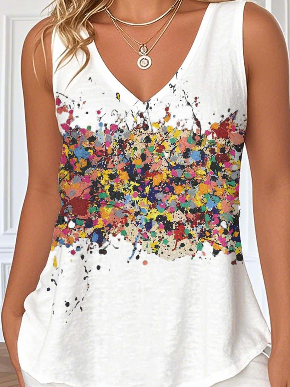 V Neck Loose Gradient Pattern Casual T-Shirt