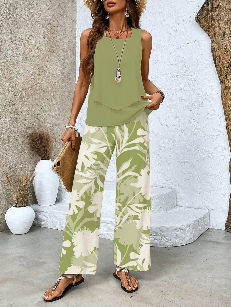 Women's Floral Spring Print Casual Tank Top Pants Two Piece Suit