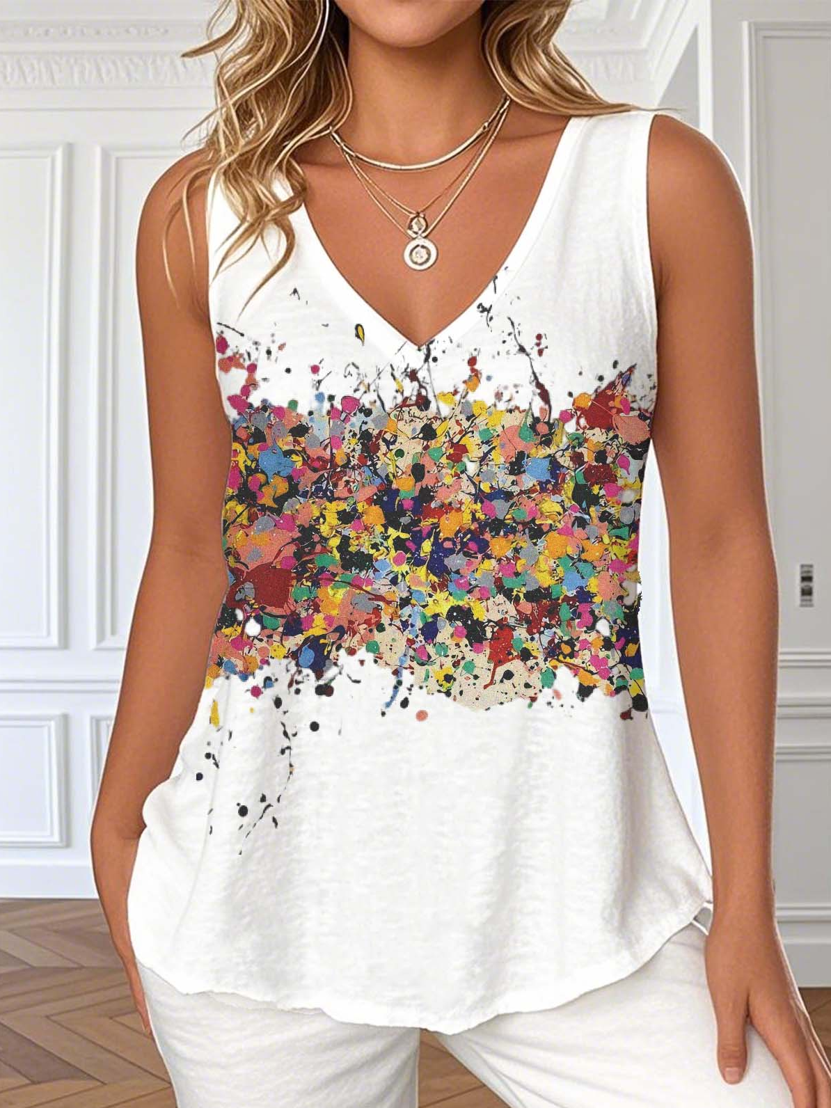 V Neck Loose Gradient Pattern Casual T-Shirt