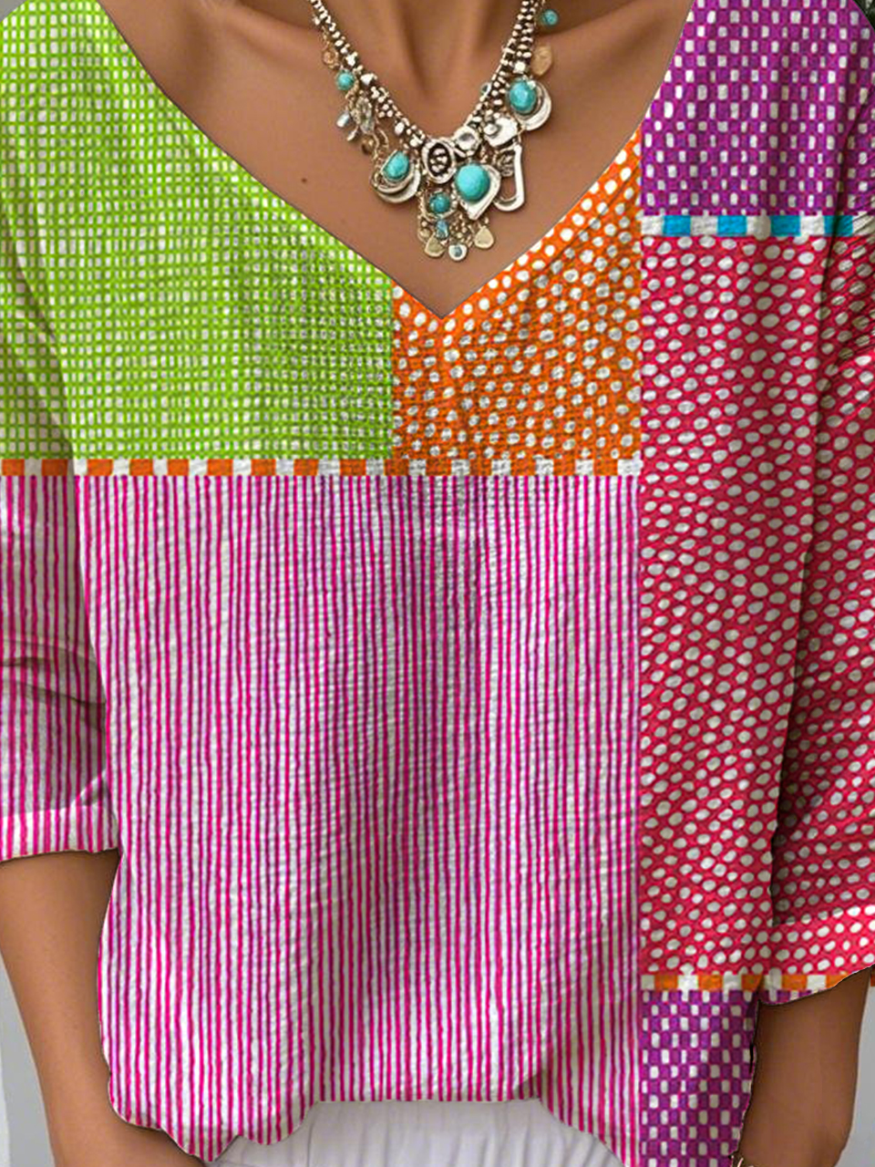 Multicolor Block Vintage Jersey V Neck T-Shirt