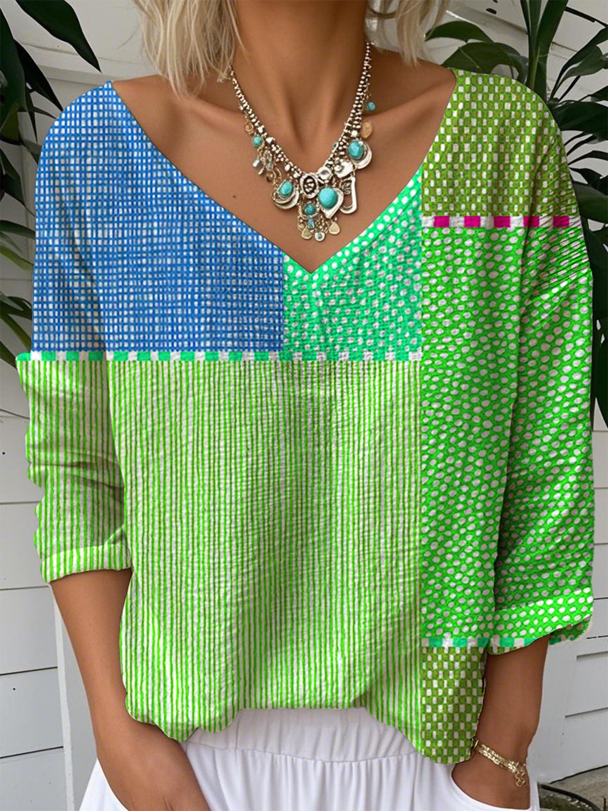 Multicolor Block Vintage Jersey V Neck T-Shirt
