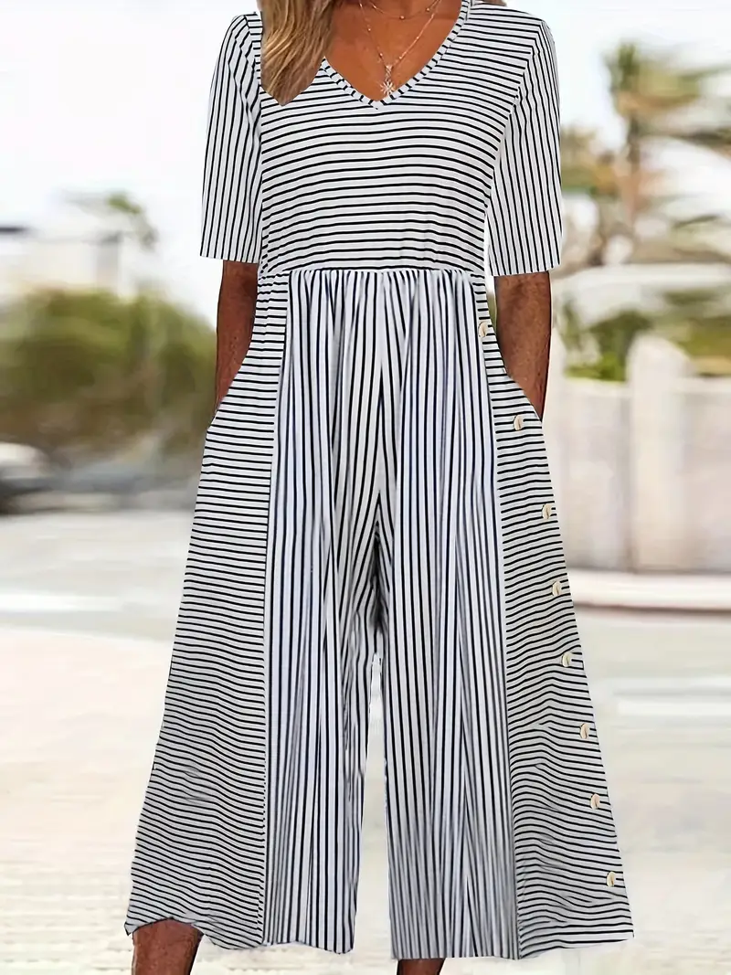 Women's H-Line V Neck Daily Going Out Casual Printing Striped Summer Ankle Pants Jumpsuit Romper