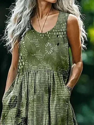 Women's Sleeveless Summer Green Floral Printing Crew Neck Daily Going Out Casual Maxi H-Line Tank Dress