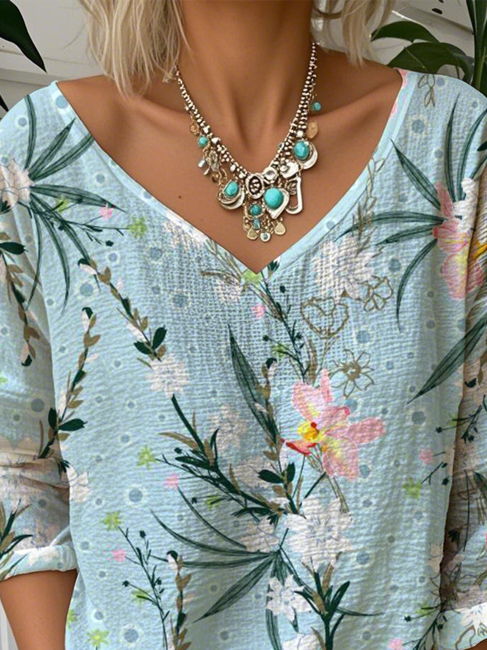 V Neck Vintage Floral Loose T-Shirt
