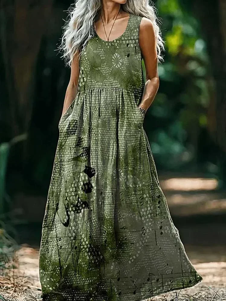 Women's Sleeveless Summer Green Floral Printing Crew Neck Daily Going Out Casual Maxi H-Line Tank Dress