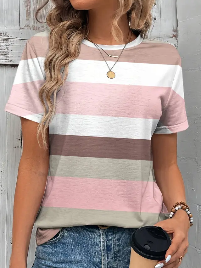 Women's Striped Print Spring And Summer Round Neck Short-Sleeved T-shirt