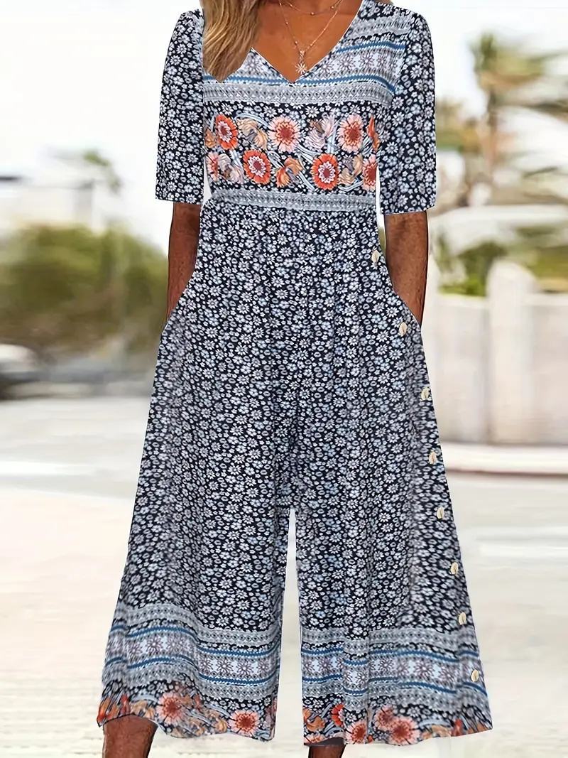 Women's H-Line V Neck Daily Going Out Casual Printing Floral Summer Ankle Pants Jumpsuit Romper