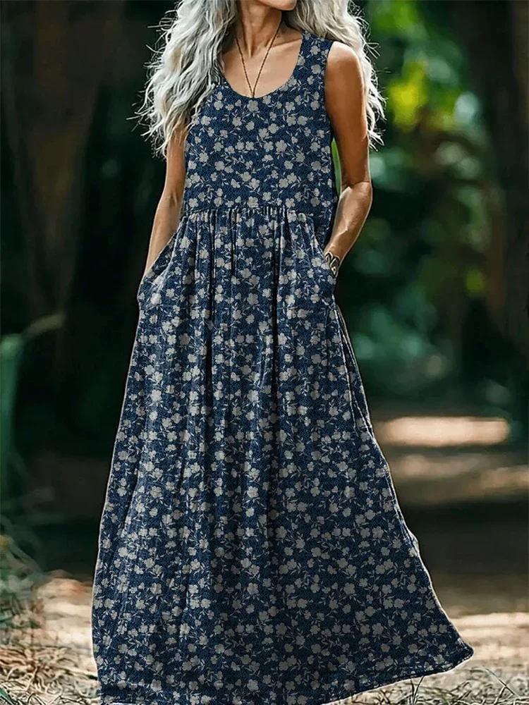 Women's Sleeveless Summer Purplish blue Floral Printing Crew Neck Daily Going Out Casual Maxi H-Line Tank Dress