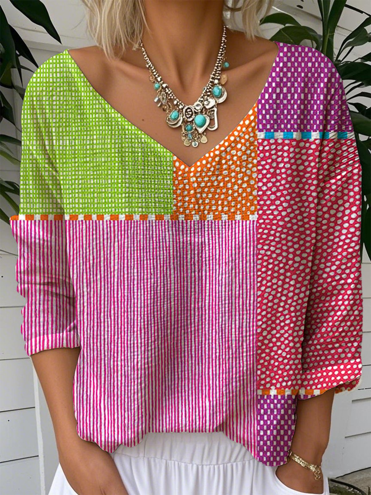 Multicolor Block Vintage Jersey V Neck T-Shirt