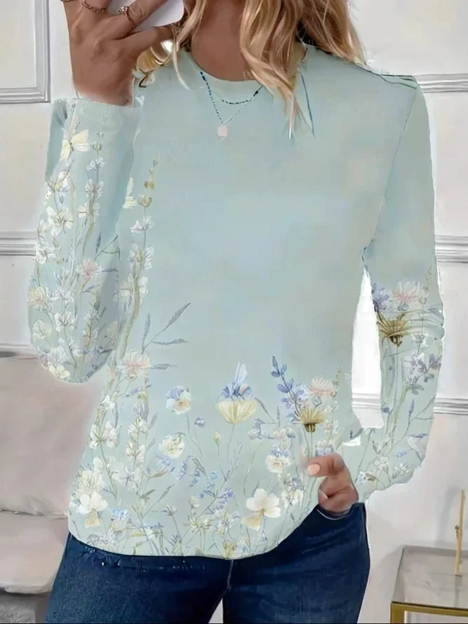 Women's Floral Spring Print Round Neck Long Sleeve T-Shirt