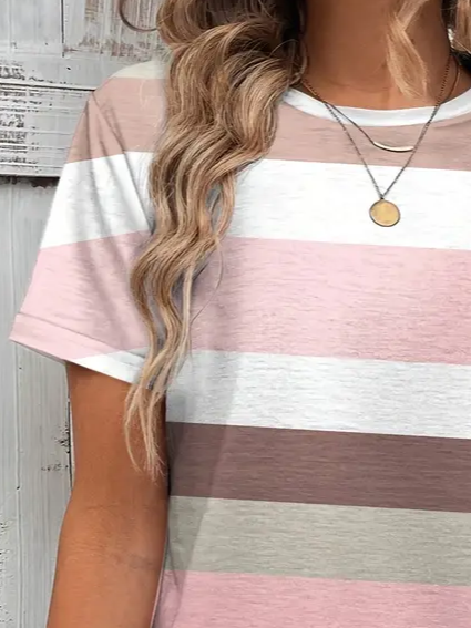 Women's Striped Print Spring And Summer Round Neck Short-Sleeved T-shirt