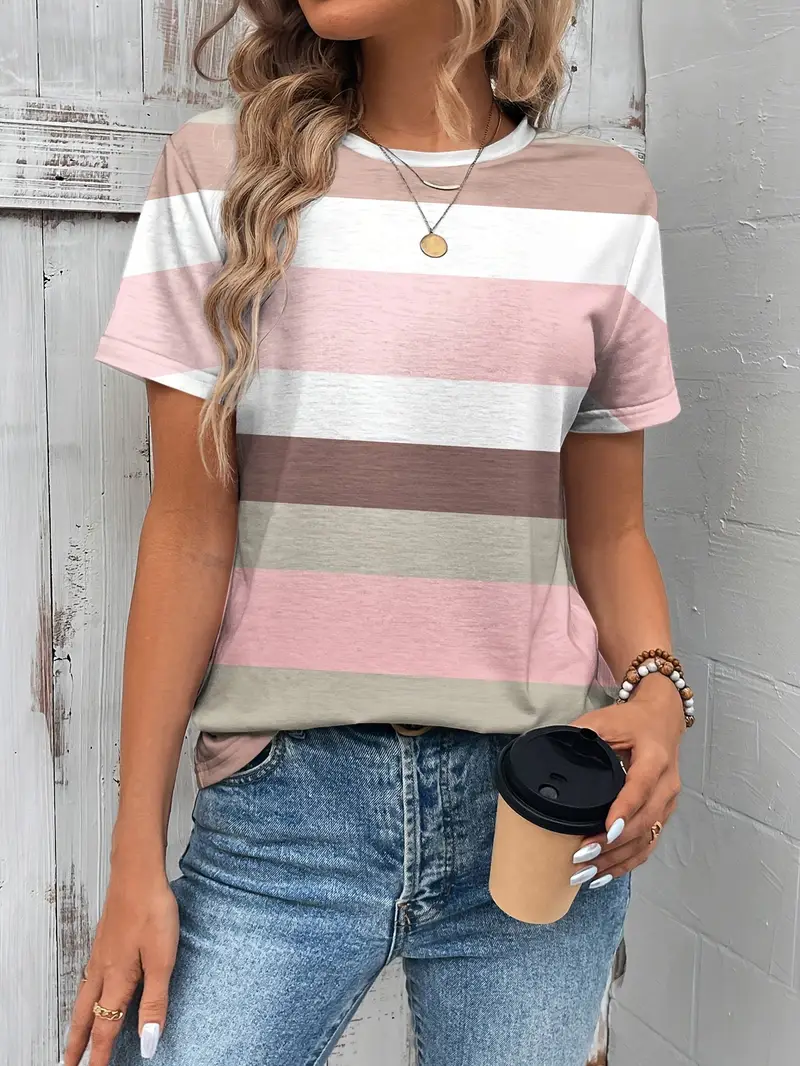 Women's Striped Print Spring And Summer Round Neck Short-Sleeved T-shirt