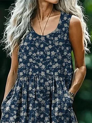 Women's Sleeveless Summer Purplish blue Floral Printing Crew Neck Daily Going Out Casual Maxi H-Line Tank Dress