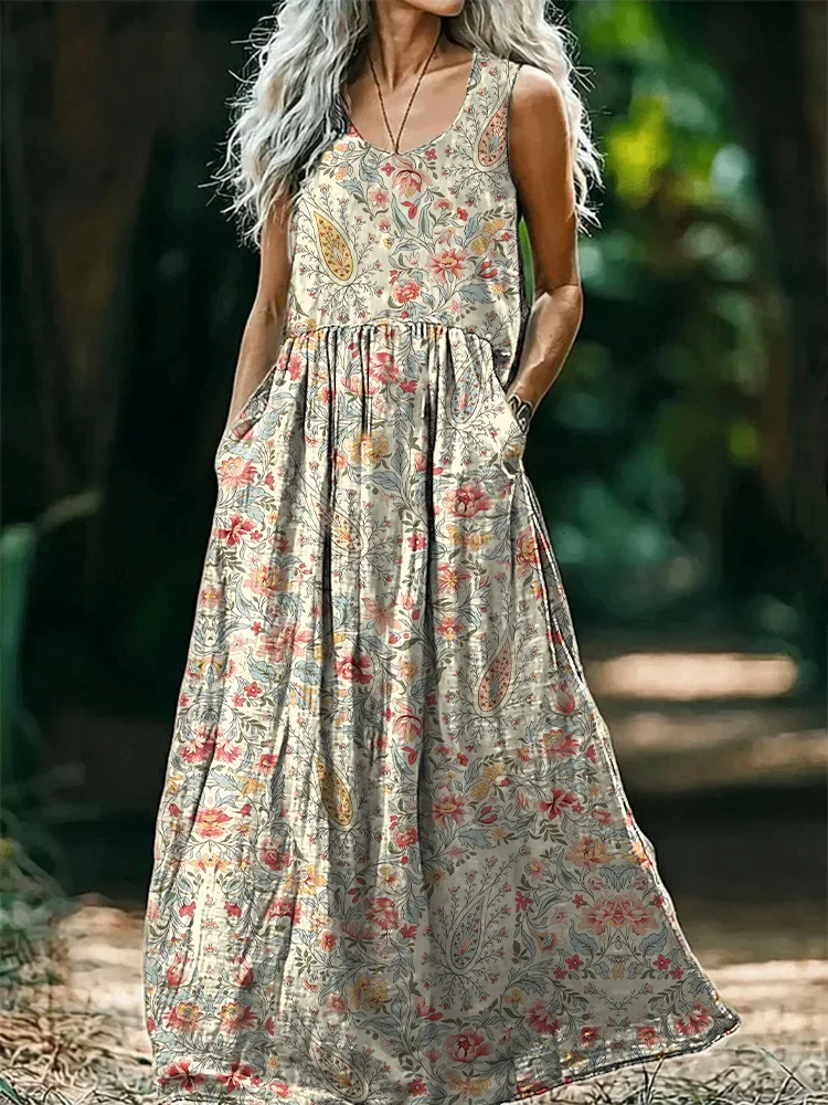 Women's Sleeveless Summer As Picture Floral Printing Crew Neck Daily Going Out Casual Maxi H-Line Tank Dress