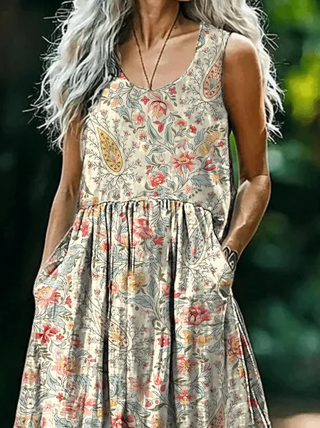 Women's Sleeveless Summer As Picture Floral Printing Crew Neck Daily Going Out Casual Maxi H-Line Tank Dress