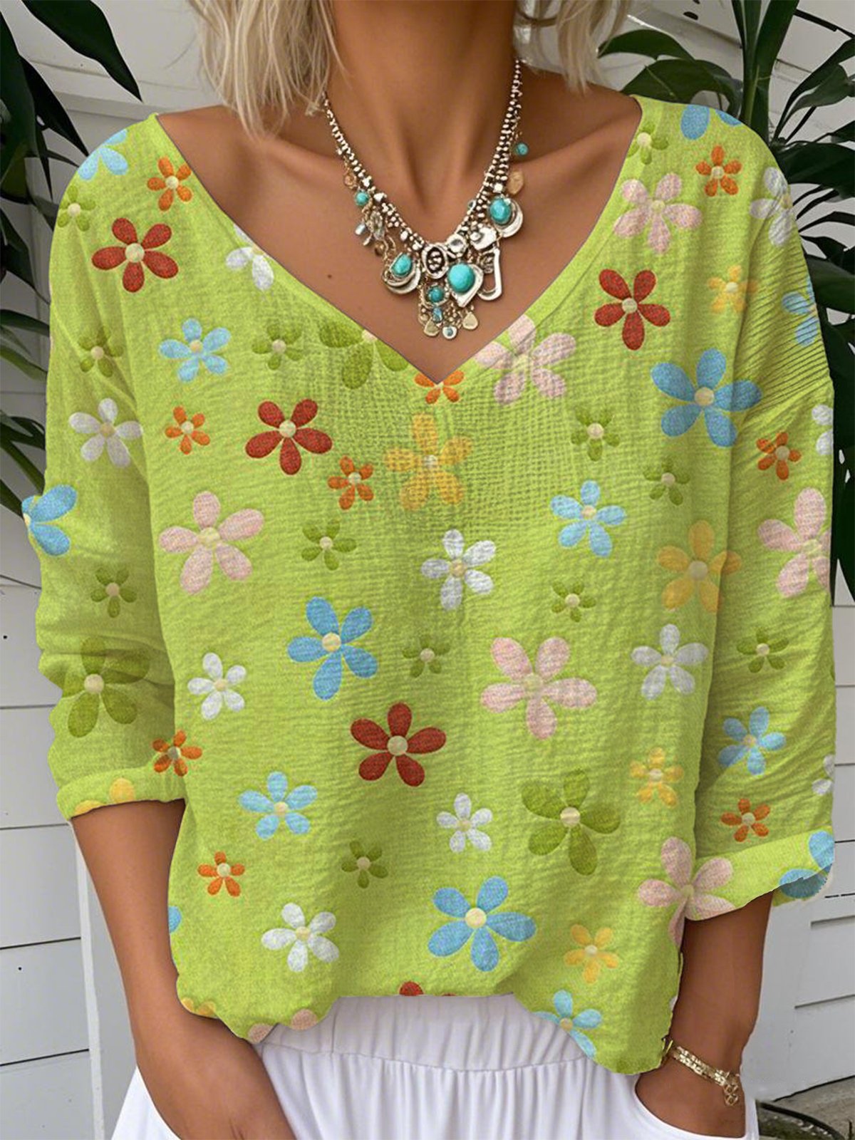 V Neck Floral Vintage Jersey T-Shirt