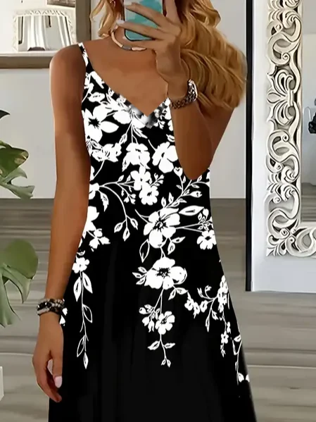 Women's Floral Spring Print Sexy Fashion Suspender Long Dress