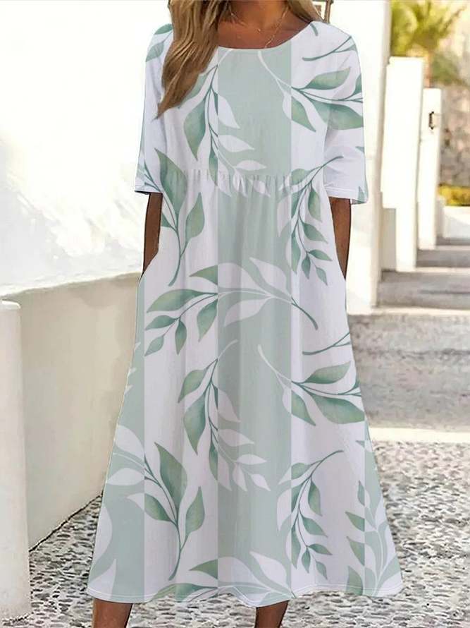 Women's Short Sleeve Summer Green Floral Printing Crew Neck Daily Going Out Casual Maxi H-Line Shift Dress Dress